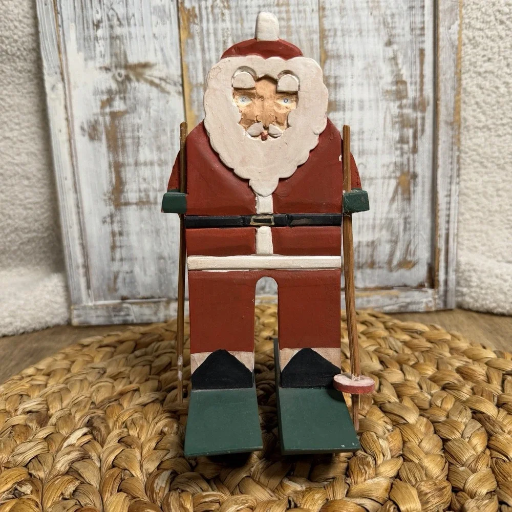 Midwest Of Cannon Falls Primitive Carved Wood Rocking Skiing Santa Figurine, 8in